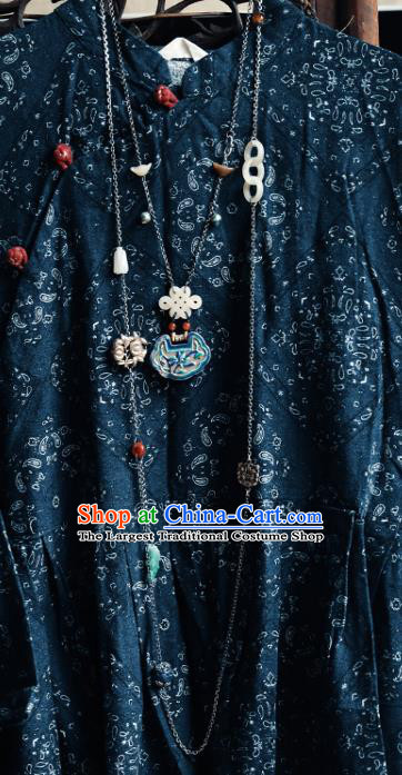 Chinese National Blueing Orchid Necklace Handmade Ethnic Silver Necklet Accessories Classical Jade Jewelry