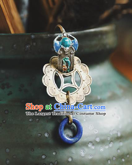 Handmade Chinese Classical Cheongsam Lapis Earrings Traditional Blueing Bat Ear Jewelry Silver Copper Eardrop Accessories
