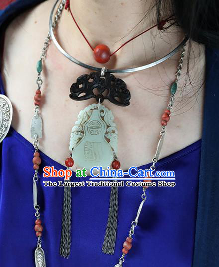 Chinese National Silver Necklace Handmade Ethnic Jade Carving Gourd Necklet Accessories Classical Jewelry