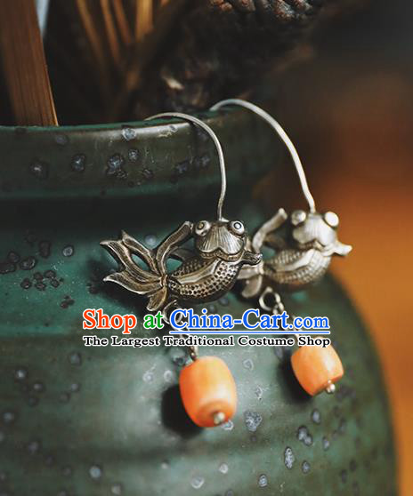 Handmade Chinese Topaz Eardrop Classical Cheongsam Earrings Accessories Traditional Silver Fish Ear Jewelry