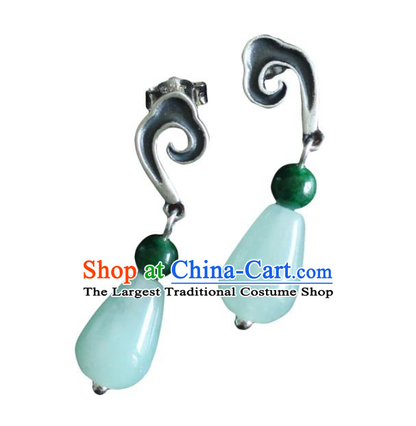 Handmade Chinese Classical Earrings Accessories Cheongsam Silver Ear Jewelry Traditional Jade Eardrop