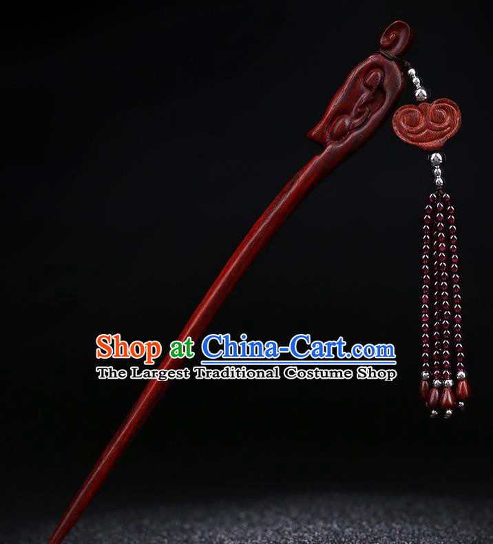 China National Rosewood Carving Hairpin Handmade Hair Jewelry Accessories Traditional Cheongsam Garnet Beads Tassel Hair Stick