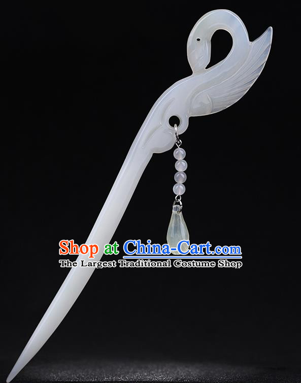 China National White Jade Swan Hairpin Handmade Hair Jewelry Accessories Traditional Cheongsam Tassel Hair Clip