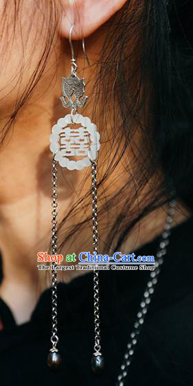 Handmade Chinese Traditional Silver Fishes Eardrop Classical Cheongsam Earrings Accessories White Jade Ear Jewelry