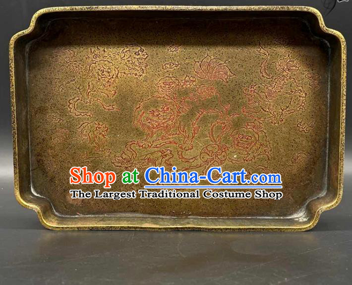 Handmade Chinese Carving Lion Tray Ornaments Traditional Brass Salver Accessories