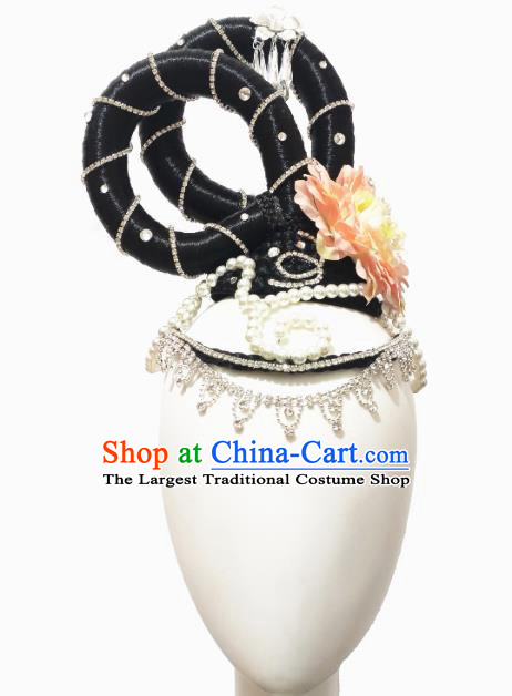 Traditional China Classical Dance Stage Show Hair Accessories Court Dance Headwear Handmade Flying Apsaras Dance Wig Chignon