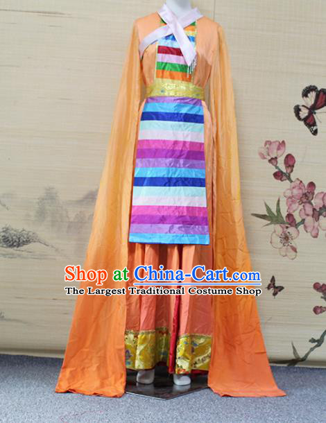 China Traditional Zang Nationality Water Sleeve Clothing Tibetan Ethnic Women Dance Orange Dress Outfits