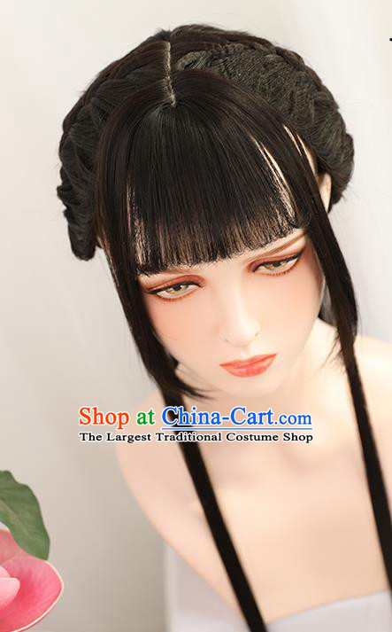 China Traditional Song Dynasty Village Girl Straight Bangs Wiggery Headdress Handmade Ancient Country Lady Wig Sheath