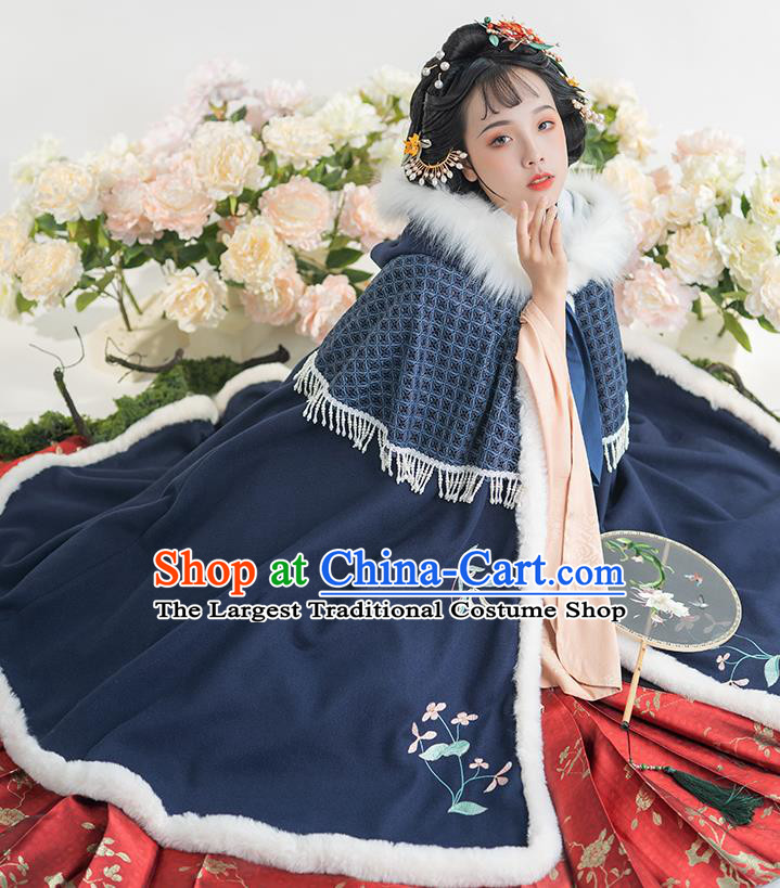 China Traditional Ming Dynasty Historical Clothing Ancient Nobility Lady Hanfu Embroidered Navy Cloak