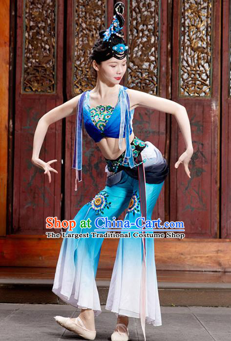 Traditional China Stage Show Costumes Flying Apsaras Dance Clothing Classical Dance Blue Outfits