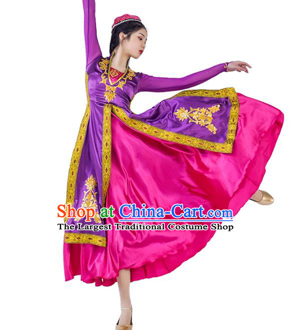 China Traditional Uyghur Nationality Dance Clothing Ethnic Women Folk Dance Purple Dress Outfits