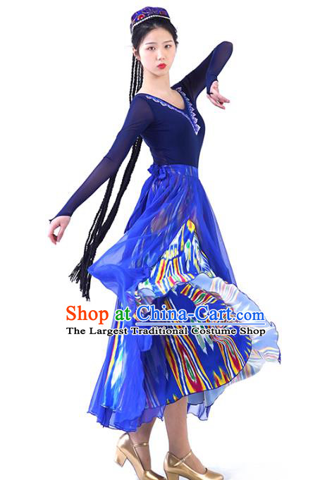 China Traditional Uyghur Nationality Folk Dance Clothing Xinjiang Ethnic Women Dance Blue Dress Outfits and Hat