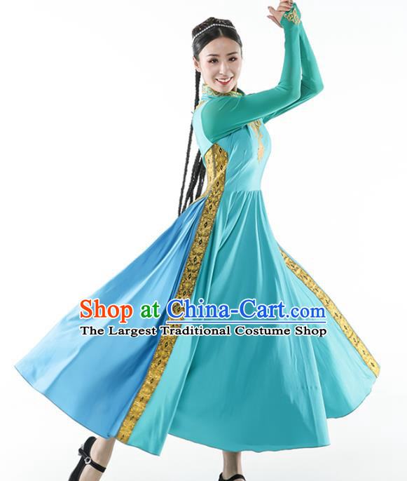 China Traditional Xinjiang Uyghur Nationality Dance Clothing Ethnic Women Blue Dress Outfits and Hat