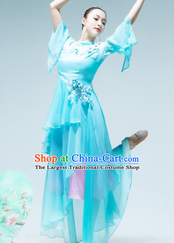 Traditional China Umbrella Dance Classical Dance Blue Dress Stage Show Costume