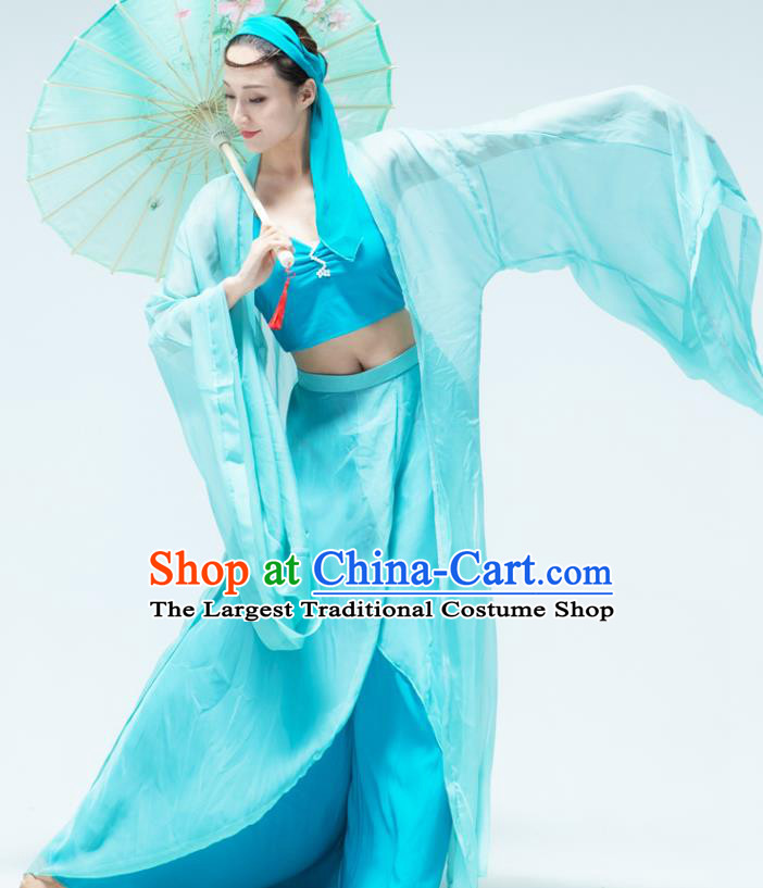Traditional China Umbrella Dance Blue Dress Classical Dance Stage Show Green Snake Costume