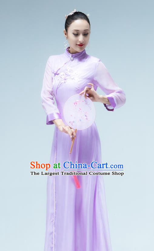 Traditional China Umbrella Dance Lilac Qipao Dress Classical Dance Stage Show Fan Dance Costume
