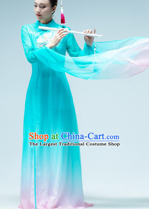 Traditional China Classical Dance Stage Show Fan Dance Costume Umbrella Dance Blue Qipao Dress