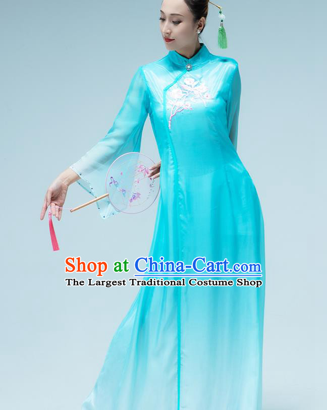 Traditional China Umbrella Dance Classical Dance Blue Dress Stage Show Group Dance Costume
