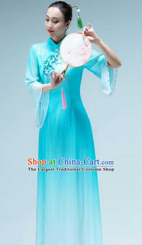 Traditional China Group Dance Stage Show Costume Classical Dance Fan Dance Blue Dress
