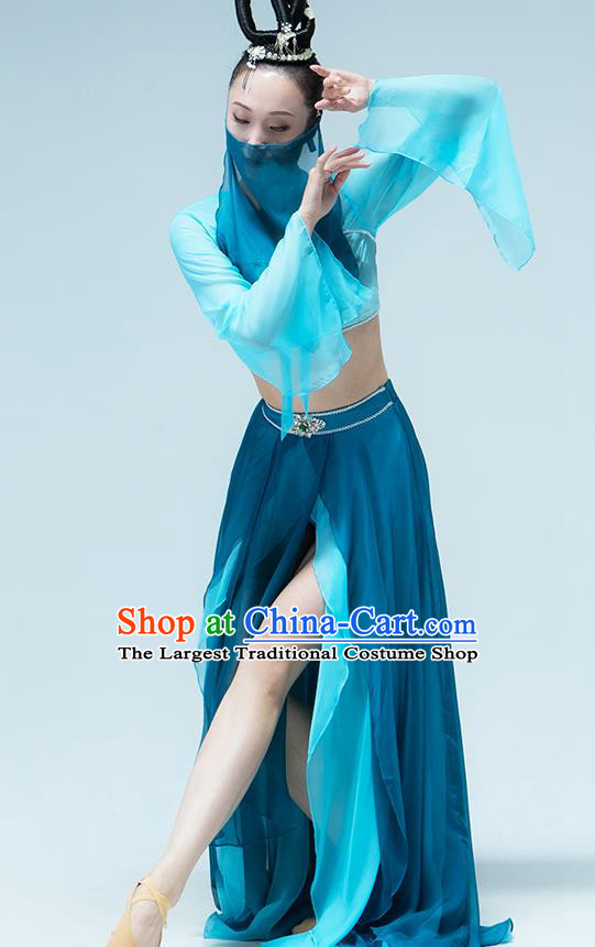 Traditional China Woman Group Dance Costume Classical Dance Stage Show Blue Outfits