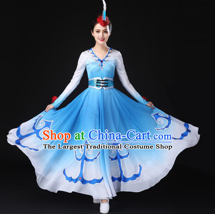 China Traditional Mongolian Ethnic Dance Stage Performance Clothing Mongol Nationality Women Blue Dress