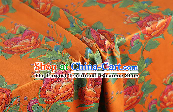Chinese Traditional Orange Silk Fabric Gambiered Guangdong Gauze Royal Peony Pattern Cheongsam Drapery
