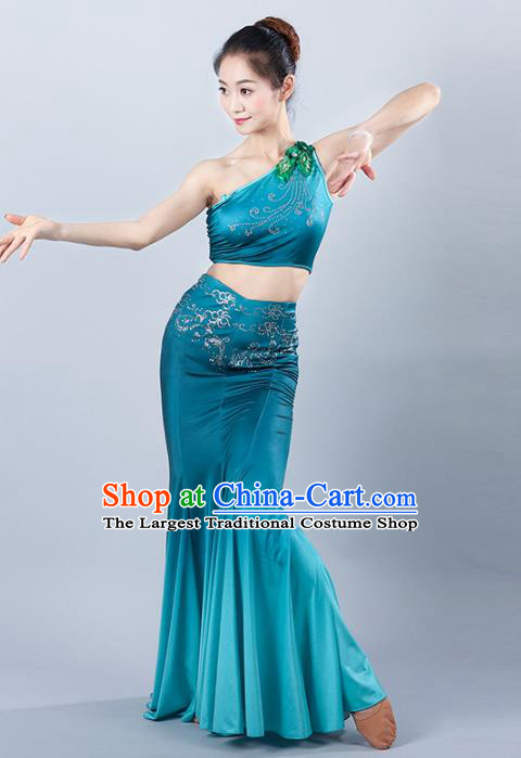 China Traditional Ethnic Peacock Dance Clothing Dai Nationality Stage Show Blue Mermaid Dress Outfits