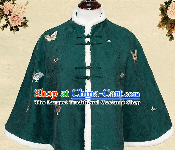 China Traditional Embroidery Butterfly Winter Upper Outer Garment Tang Suit Dark Green Short Cloak Embroidered Costume