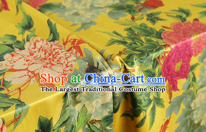 Chinese Gambiered Guangdong Gauze Brocade Cloth Drapery Traditional Cheongsam Royal Peony Pattern Yellow Silk Fabric