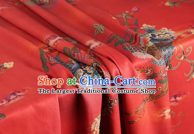 Chinese Classical Flowers Pattern Gambiered Guangdong Gauze Drapery Traditional Cheongsam Silk Fabric Red Brocade Cloth