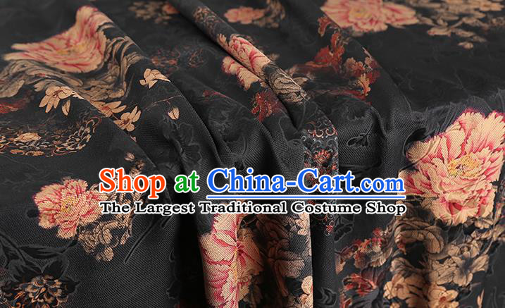 Chinese Brocade Fabric Traditional Cheongsam Black Silk Drapery Classical Peony Pattern Gambiered Guangdong Gauze