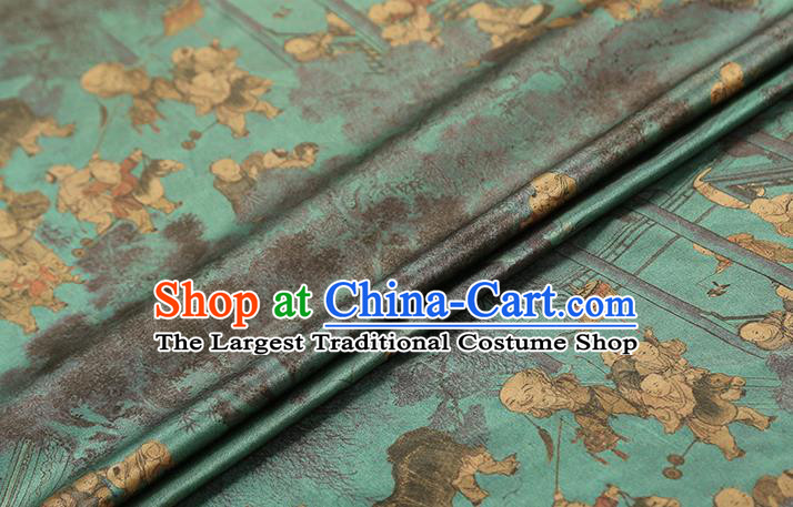 Chinese Traditional Blue Brocade Fabric Classical Hundred Boys Pattern Silk Drapery Qipao Dress Satin Cloth