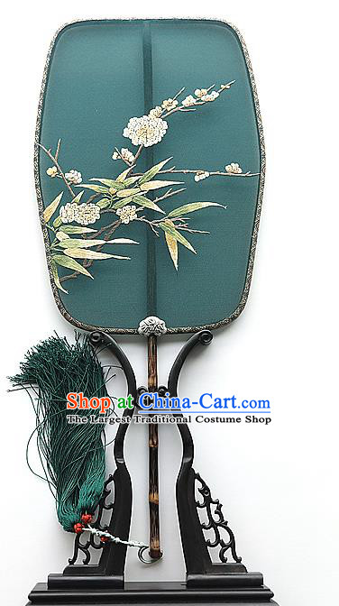 China Embroidered Plum Bamboo Green Silk Fan Traditional Hanfu Palace Fan Handmade Mottled Bamboo Fans