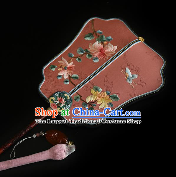 China Traditional Hanfu Pink Silk Fan Wedding Embroidered Chrysanthemum Palace Fan Handmade Fans