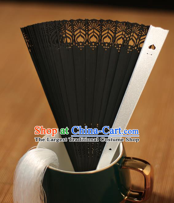 China Traditional Carving Fan Accordion Classical Folding Fan Black Bamboo Fans