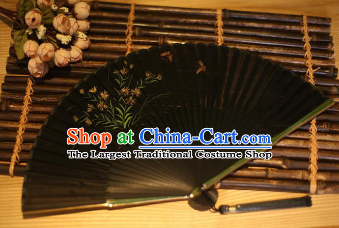 China Traditional Accordion Classical Folding Fan Black Silk Fans Printing Orchid Fan