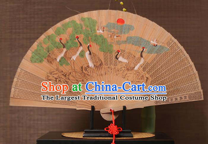 China Printing Cranes Folding Fan Classical Wood Carving Fan Traditional Sandalwood Accordion