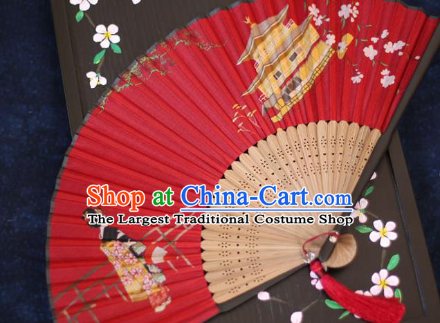 China Classical Red Silk Fans Printing Fan Traditional Japan Kimono Accordion Folding Fan