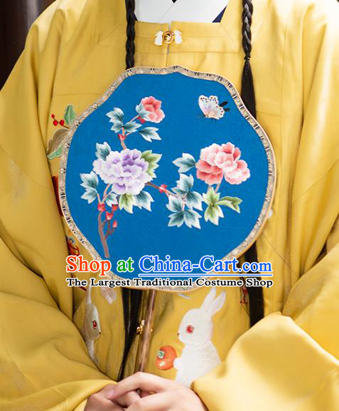 China Embroidered Peony Fan Traditional Blue Silk Fans Ancient Hanfu Palace Fan
