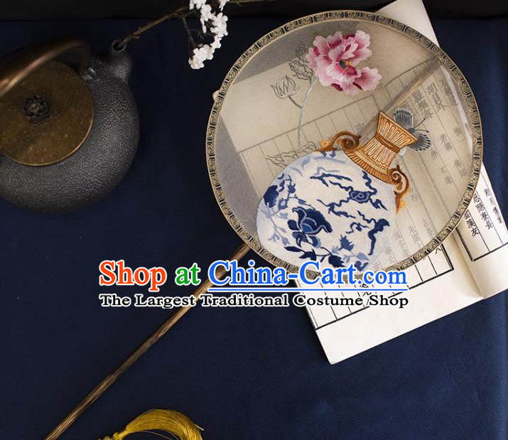 China Ancient Palace Fan Traditional Hanfu Mottled Bamboo Circular Fan Handmade Suzhou Embroidered Vase Silk Fans
