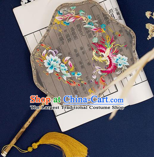 China Classical Hanfu Bamboo Palace Fan Traditional Grey Silk Fan Handmade Embroidered Phoenix Peony Court Fan