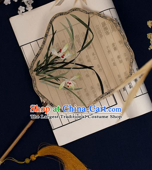 China Traditional Silk Fan Classical Hanfu Bamboo Fan Handmade Embroidered Orchids Palace Fan