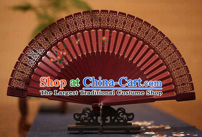 China Traditional Sandalwood Accordion Folding Fan Classical Fans Printing Flowers Wine Red Fan