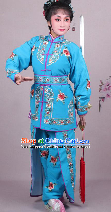 China Traditional Peking Opera Blues Dao Ma Dan Garment Costumes Shaoxing Opera Martial Arts Woman Blue Dress Clothing