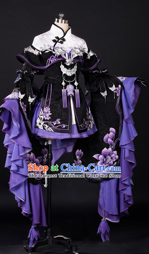 China Ancient Young Lady Garment Costumes Game Jian Xia Qing Yuan Xue He Clothing Cosplay Fairy Purple Dress Set