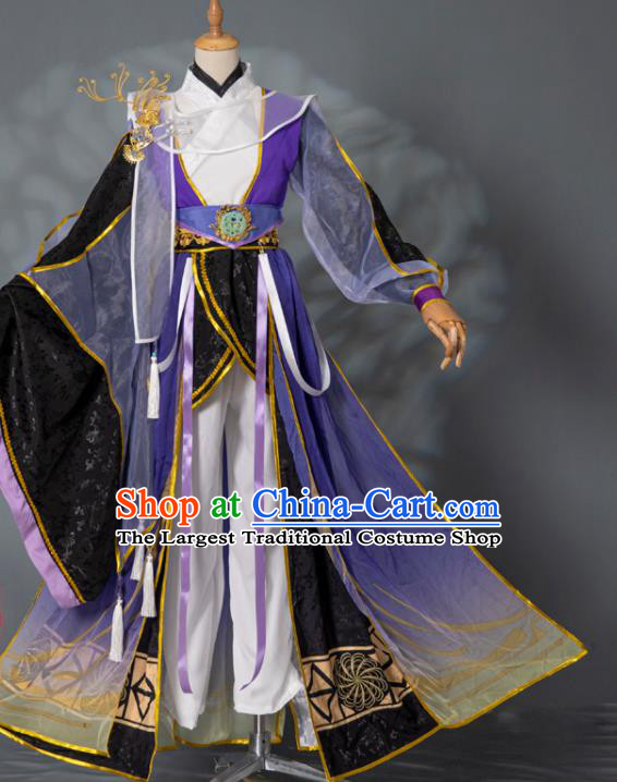 China Ancient Young Childe Garment Costumes Traditional Hanfu Clothing Cosplay Swordsman Purple Apparels
