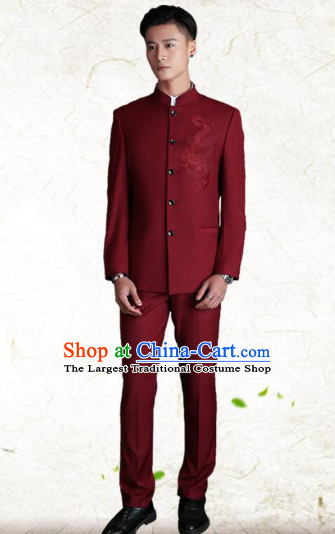 Chinese Traditional Wedding Suits Embroidered Dragon Groom Costumes Zhongshan Clothing Wine Red Tang Suits