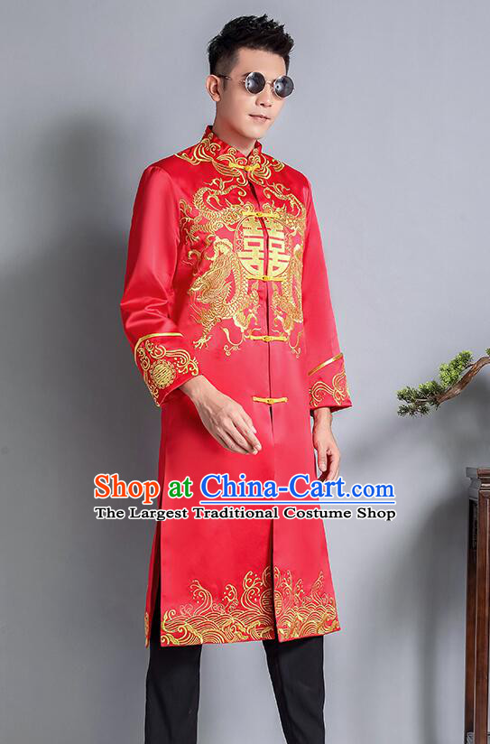 Chinese Traditional Tang Zhuang Embroidered Dragon Costumes Groom Long Mandarin Jacket Clothing Wedding Suits