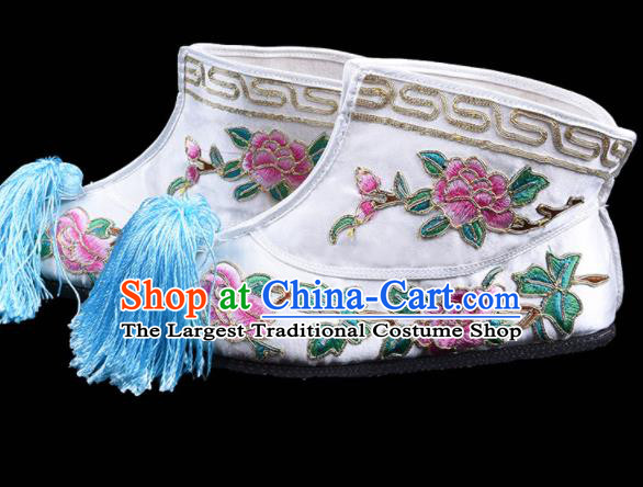 Chinese Traditional Opera White Shoes Beijing Opera Wudan Embroidered Boots Swordswoman Embroidery Peony Boots