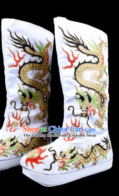 Chinese Traditional Bian Lian Dragon Boots Beijing Opera White Embroidered Boots Sichuan Opera Face Changing Embroidery Shoes